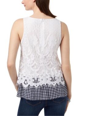 Charter Club White Lace Overlay Sleeveless Camisole with Gingham Trim